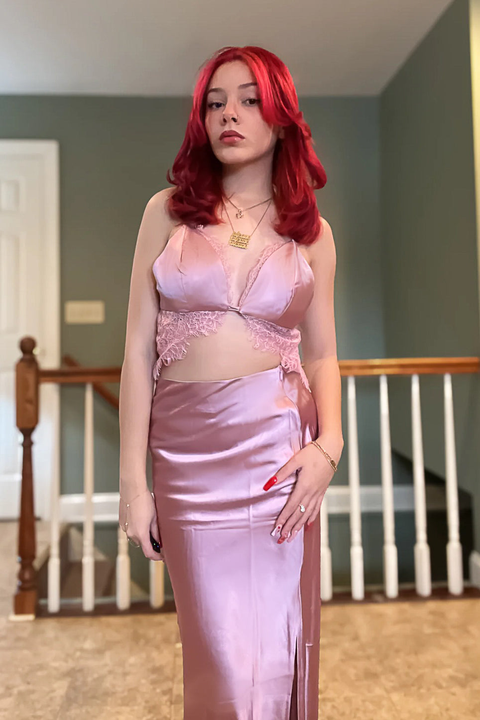 Collection of Liyah Pink Satin Lace Maxi Dress in a gallery layout