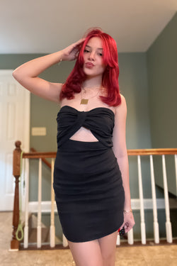 Collection of Liyah Front Twist Tie Black Mini Dress in a gallery layout