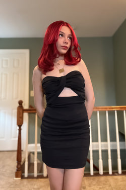 Collection of Liyah Front Twist Tie Black Mini Dress in a gallery layout