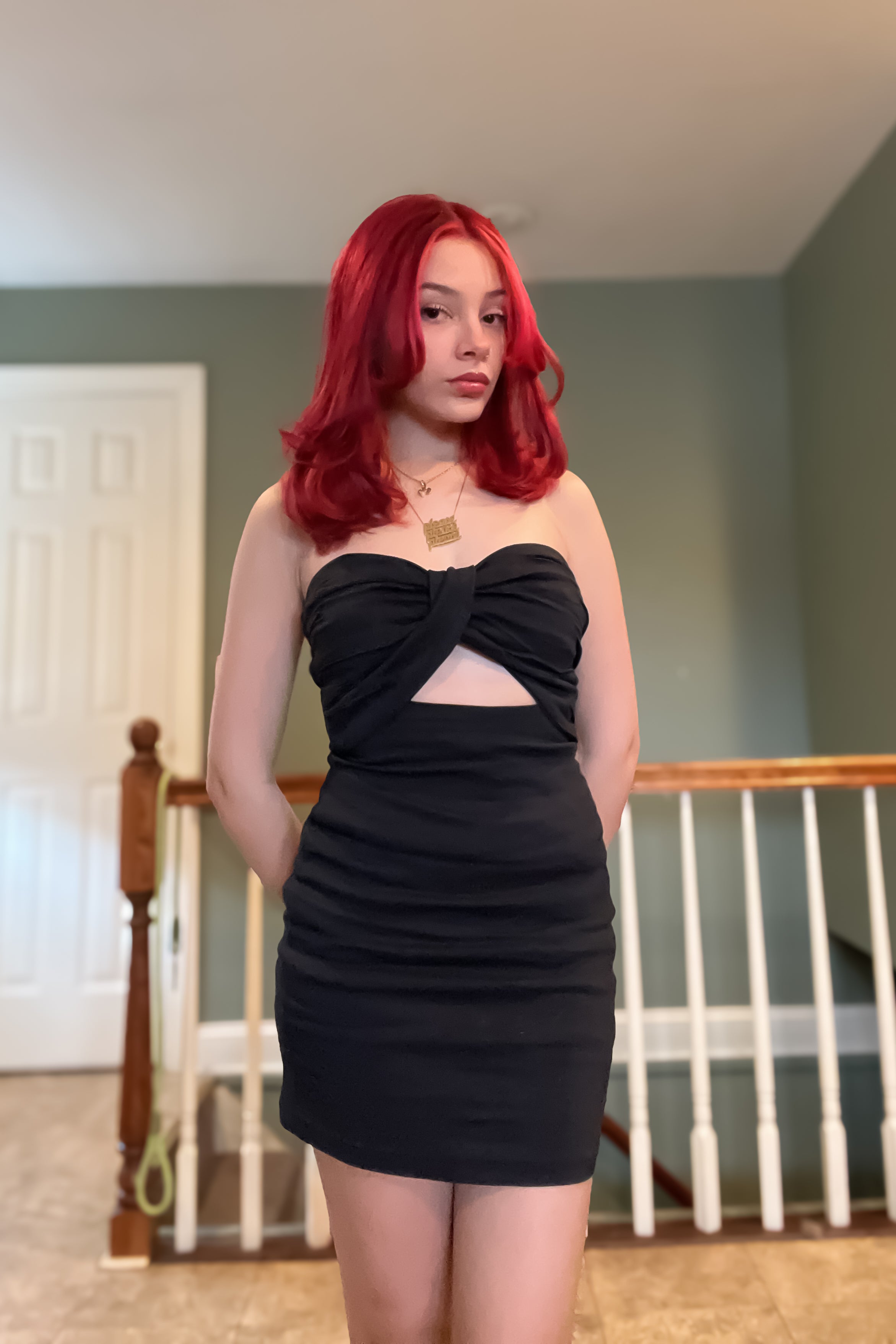 Collection of Liyah Front Twist Tie Black Mini Dress in a gallery layout
