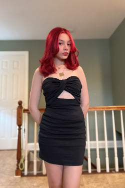 Collection of Liyah Front Twist Tie Black Mini Dress in a gallery layout