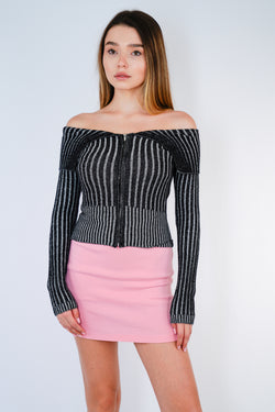 Collection of Gray Off-Shoulder Zip-Up Sweater in a gallery layout