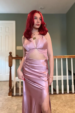 Collection of Liyah Pink Satin Lace Maxi Dress in a gallery layout