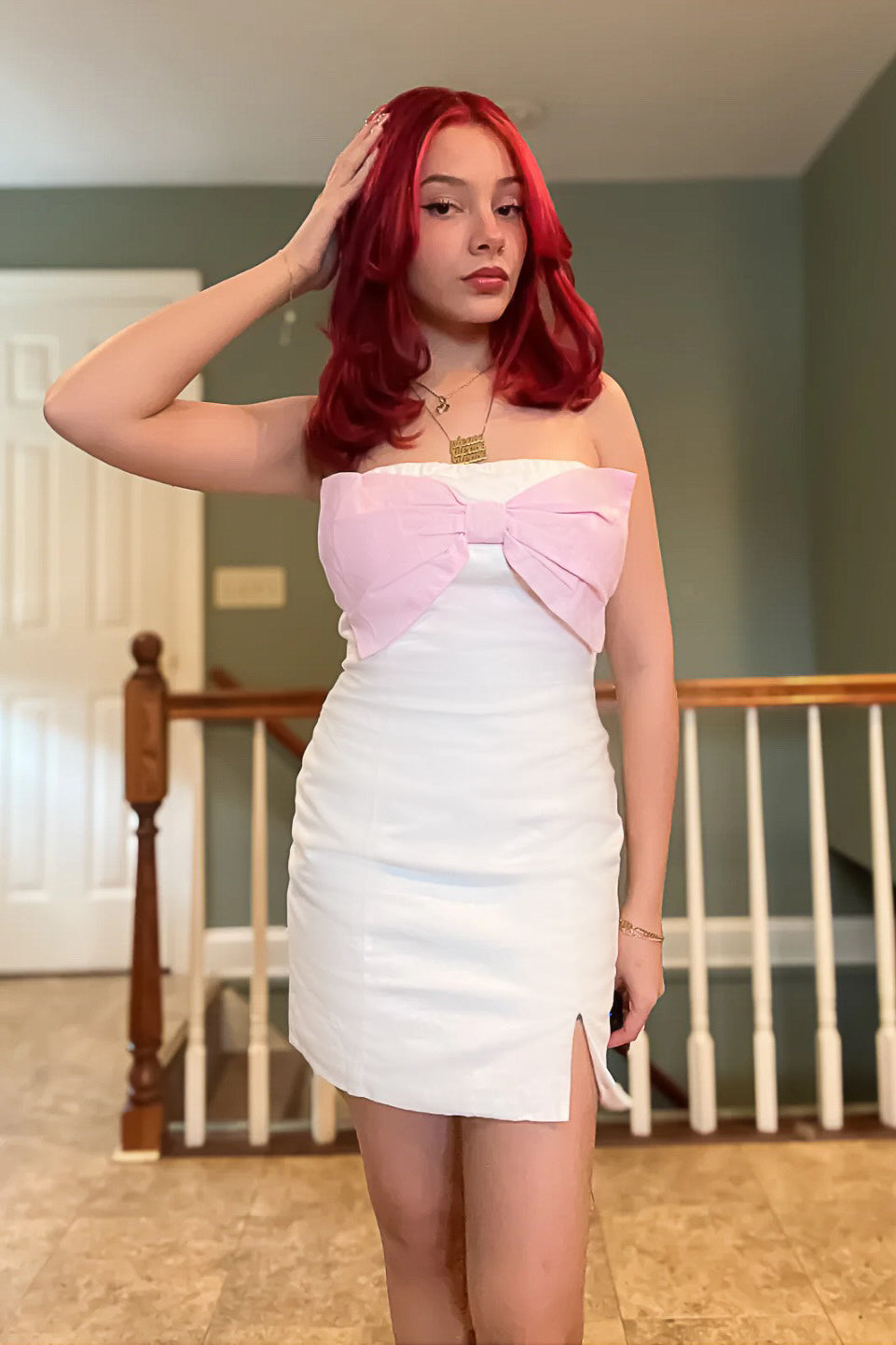 Collection of Liyah Pink Bow Mini Dress in a gallery layout