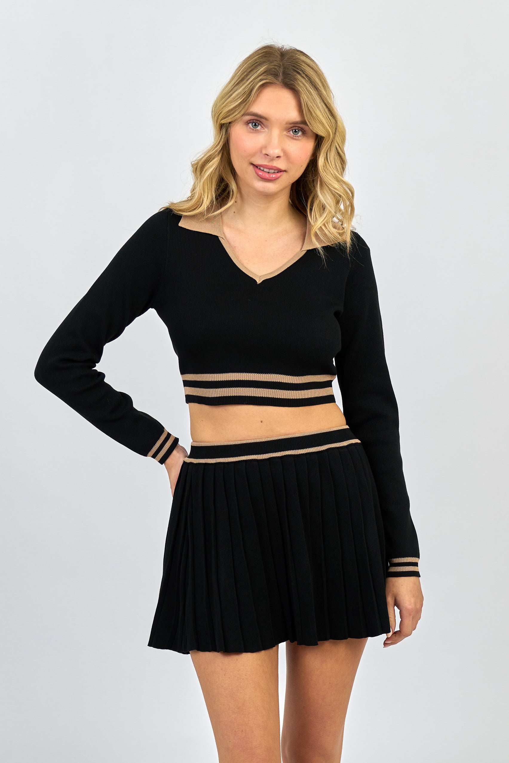 Collection of Black Knit Pleated Mini Skirt Set in a gallery layout