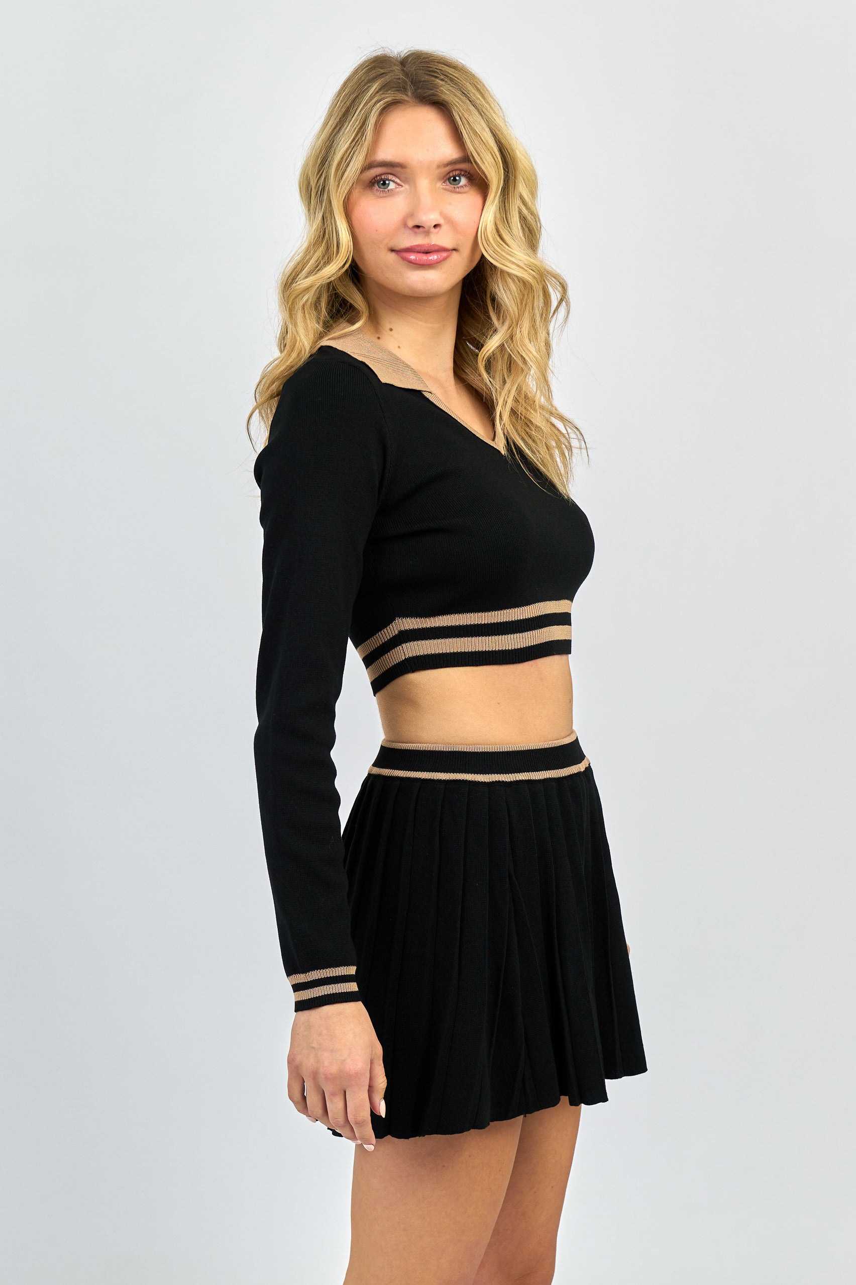 Collection of Black Knit Pleated Mini Skirt Set in a gallery layout
