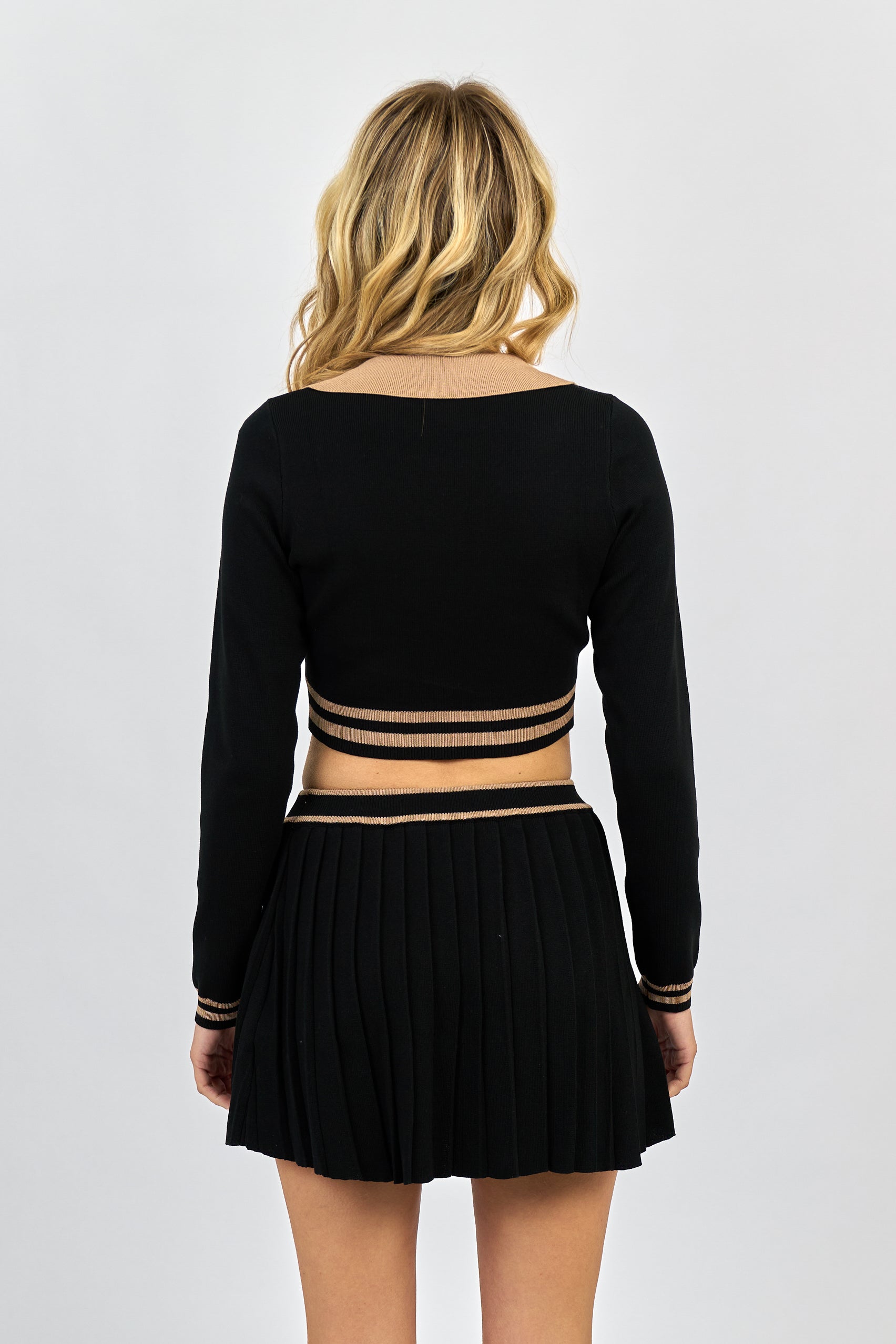 Collection of Black Knit Pleated Mini Skirt Set in a gallery layout