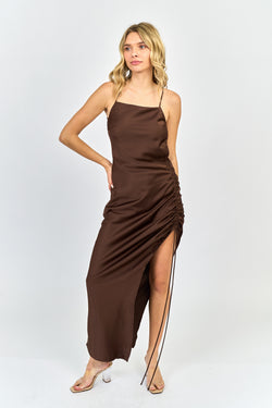 Collection of Satin Ruched Maxi Dress in Chocolate in a gallery layout