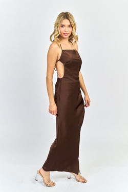 Collection of Satin Ruched Maxi Dress in Chocolate in a gallery layout