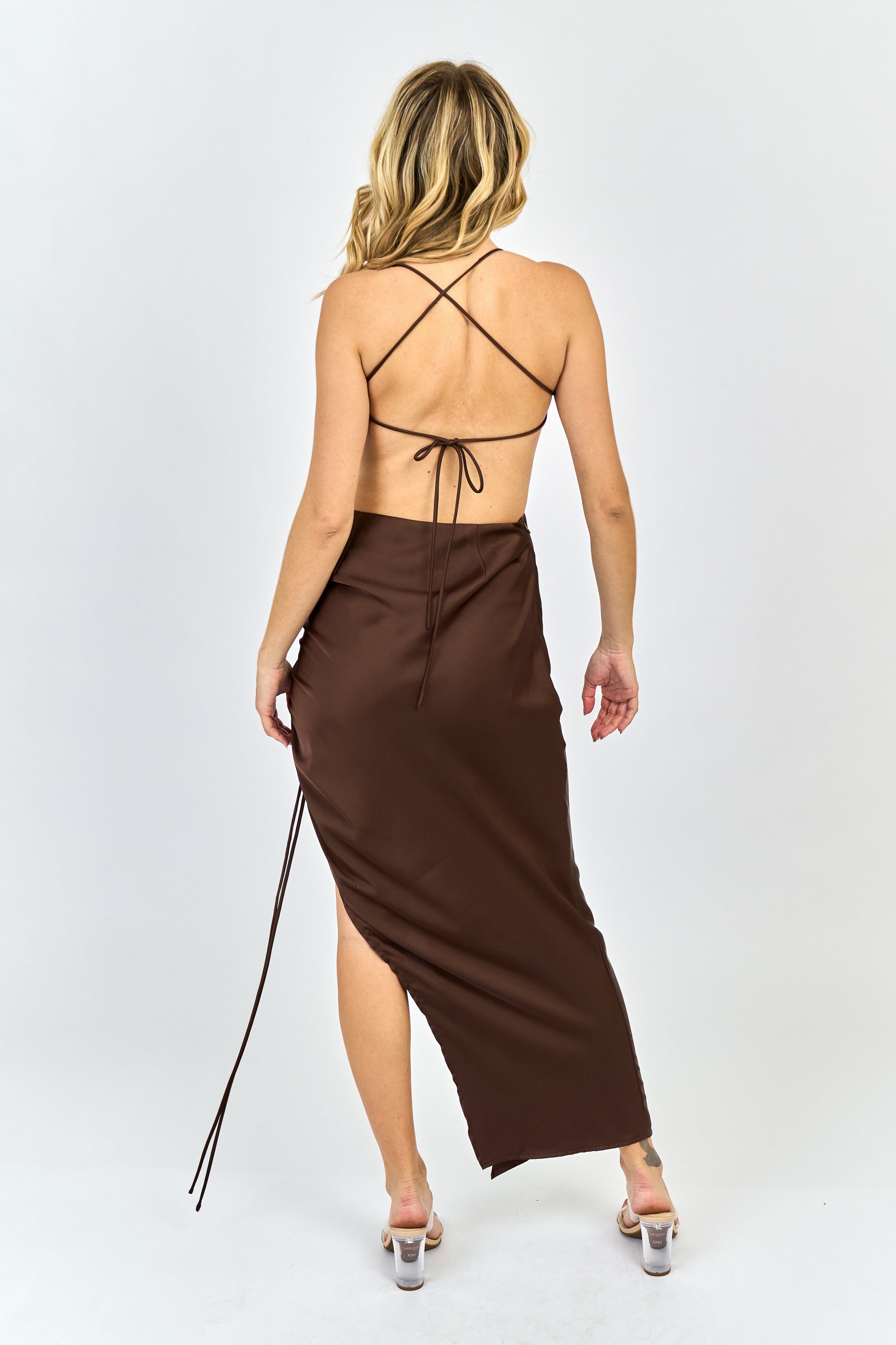 Collection of Satin Ruched Maxi Dress in Chocolate in a gallery layout