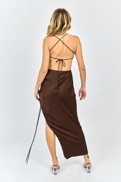 Collection of Satin Ruched Maxi Dress in Chocolate in a gallery layout