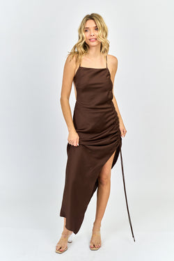 Collection of Satin Ruched Maxi Dress in Chocolate in a gallery layout